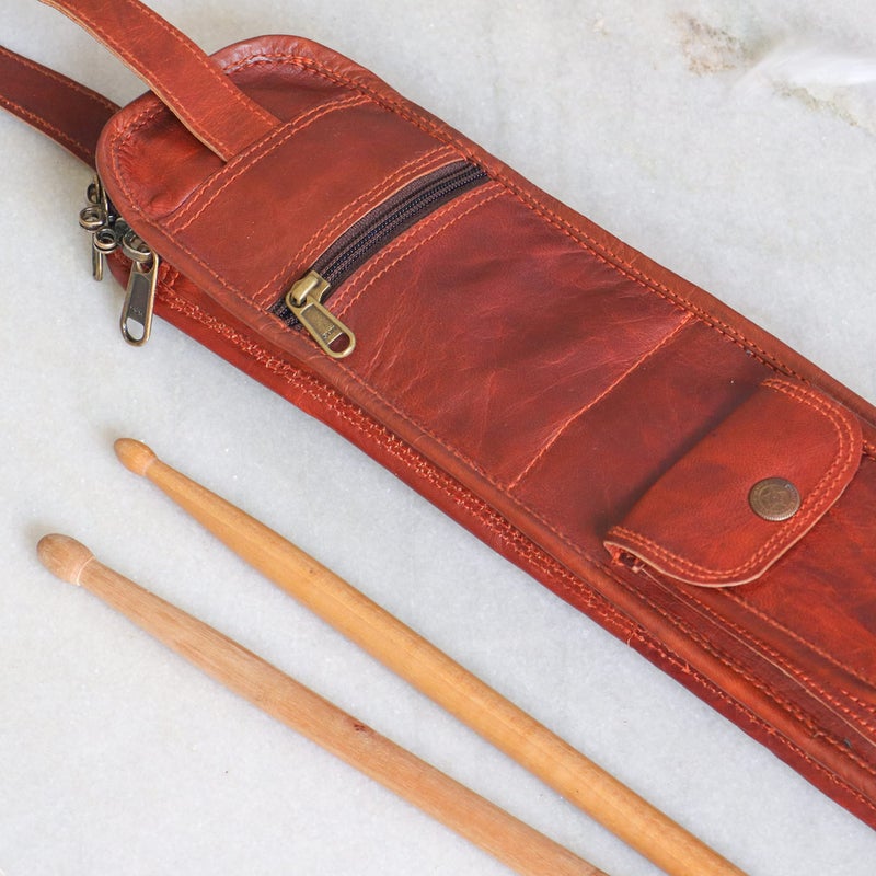 WerKens Leather Drumstick Bag Floor Tom Hooks Holds 4-5 Pairs Drum Sticks Mallets Brushes Percussion Drum Stick Bag Easy Carry Handles Drummer Gift (Brown) â€“ DSB007 - Image 2